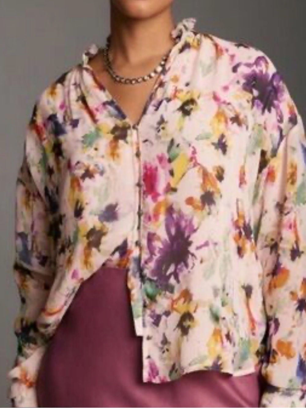 Pilcro Multicolor Watercolor Floral Button-Front Blouse